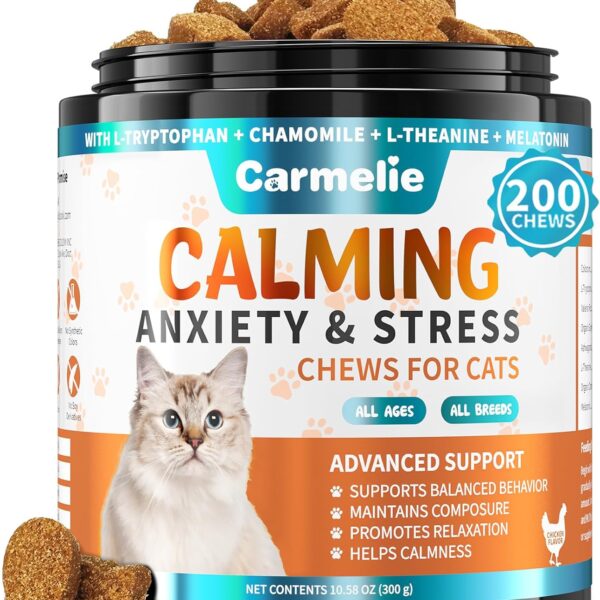 Cat Hemp Calming Treats - 200 Count - Calming Chew for Cat - Calming Treats for Cats with Valerian Root Chamomile Melatonin for Cat Anxiety Relief, Storms, Travel, Separation - Chicken Flavor
