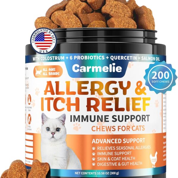 Cat Allergy Relief Chews 200 pcs - Cat Itchy Skin & Paw Licking Relief - Omega 3 & Probiotic for Cats - Anti-Itch Relief for Skin & Coat Health, Immune Support, Seasonal Allergies - Chicken Flavor