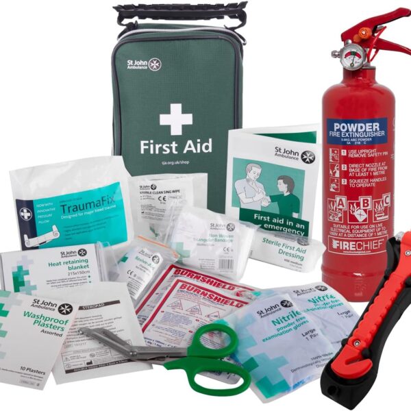 Safelincs Vehicle Safety Kit with Car Fire Extinguisher, Glass Hammer & St John Ambulance First Aid Kit